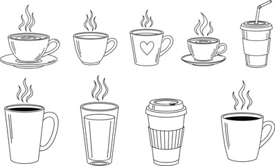 Coffee cup outline icons vector set. Steaming mugs, takeaway cups, and glasses in clean line style. Minimal black and white design for UI, menus, and caf&eacute; branding.