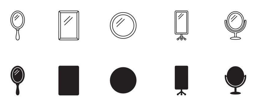 Black mirror icon set with various shapes including hand, wall, and table mirrors, presented in both minimalist line art and solid silhouette styles for graphic design