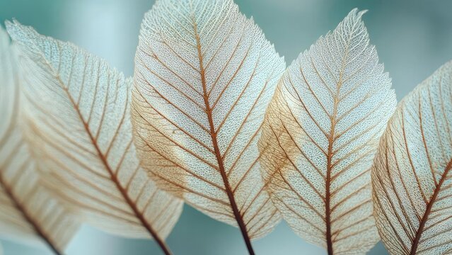 Close-up of pale, skeletonized leaves with intricate orange-brown veins. Concept Skeletonized leaves close-up, Pale leaves macro, Intricate orange-brown veins, Autumn leaf venation detail