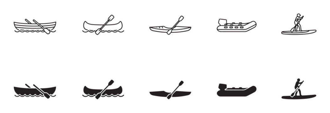 Black and white icon set of various boats and water sport activities, including a rowboat, canoe, kayak, raft, and paddleboard, presented in outline and solid styles