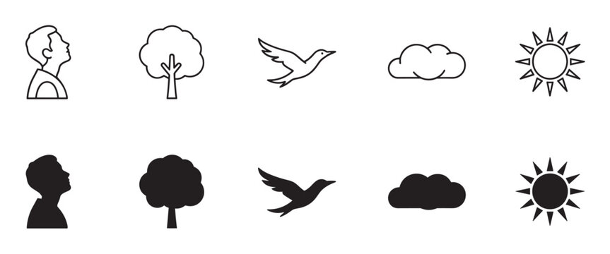 Black vector icon set with nature elements including a human profile, tree, flying bird, cloud, and sun, presented in two distinct styles of line art and solid silhouette