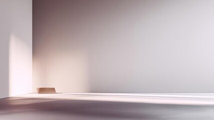 Obraz premium A minimalist empty room bathed in soft pink light with a small beige curved bench near the left corner. Concept Minimalist Interior, Soft Pink Lighting, Beige Curved Bench, Left Corner Composition