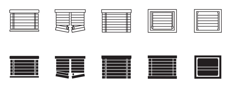 Window blind and shade icon set featuring various styles of horizontal jalousie and roller shades presented in both black line art and solid glyph vector illustrations