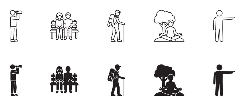 Set of black outdoor activity icons in line art and glyph styles showing people hiking, meditating, sightseeing, and resting on a bench for user interface design