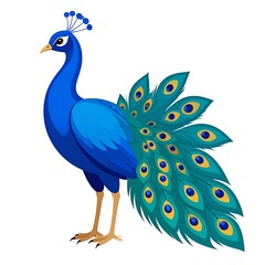 Fototapeta premium Cartoon illustration of a vibrant blue peacock with a long, patterned tail on a white background