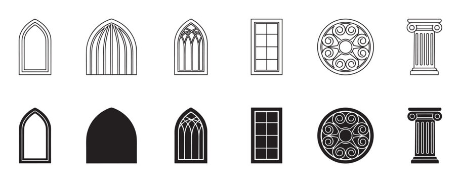 Collection of architectural element icons featuring Gothic arched windows, a classical column, and a rosette in both black outline and solid silhouette styles for graphic design
