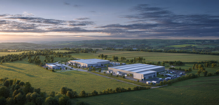 Modern industrial warehouse complex surrounded by lush green fields under a cloudy sky
