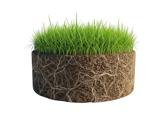 Crosssection of green grass or lawn with roots and soil isolated on transparent background