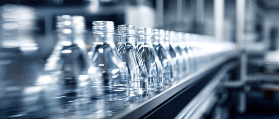 Shiny mineral water bottles flow smoothly along a stainless steel conveyor belt in a brightly lit factory, showcasing the efficiency of beverage production