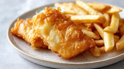 Crispy battered fried fish fillet with French fries on a plate and a small tartar sauce on the side. Concept Crispy battered fish fillet, French fries, Tartar sauce, Seafood dish, Comfort food