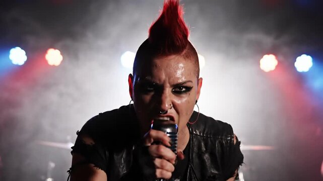 Punk rock singer with mohawk and leather jacket performs intensely on stage with smoke and lights
