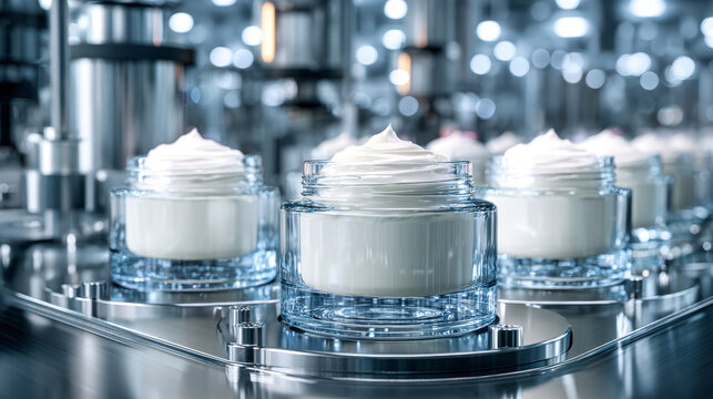 Several glass jars are positioned under a filling machine as thick face cream is prepared in a factory setting with advanced technology