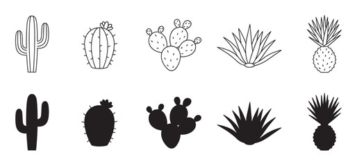 Set of black cactus and succulent icons in outline and silhouette styles, featuring various desert plants like saguaro, prickly pear, and agave in a minimalist graphic design