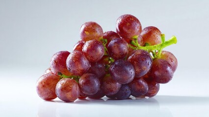 Fototapeta premium A cluster of red grapes with water droplets on a reflective surface. Concept Red Grapes, Water Droplets, Reflective Surface, Close-Up, Studio Still Life