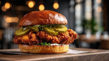 Crispy fried chicken sandwich topped with pickles on a glossy brioche bun. Concept Crispy fried chicken sandwich, Brioche bun, Pickles, Glossy bun, Food photography