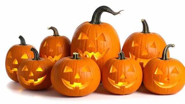 Group of carved pumpkins are illuminated with spooky faces for Halloween celebration on white background.