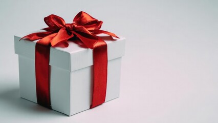 Obraz premium A white gift box wrapped with a bright red satin ribbon tied in a bow. Concept White gift box, Red satin ribbon, Bow detail, Elegant packaging, Holiday gift idea