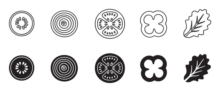 Set of black vegetable icons showing sliced tomato, onion, cucumber, pepper, and lettuce leaf presented in both a simple outline and a solid filled glyph style