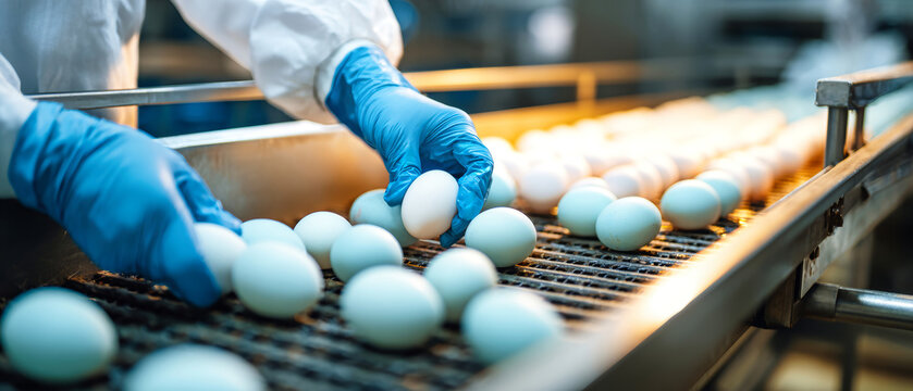 Worker in blue gloves and white uniform cleans raw chicken eggs on a conveyor belt at a modern egg processing plant. The eggs are sorted and prepared