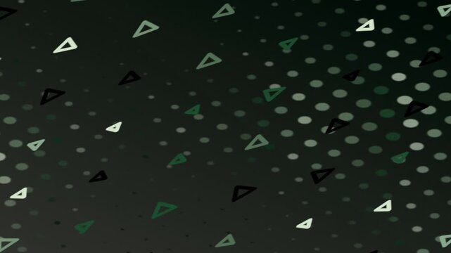 Abstract dark green gradient background with white dots and scattered green/black triangles