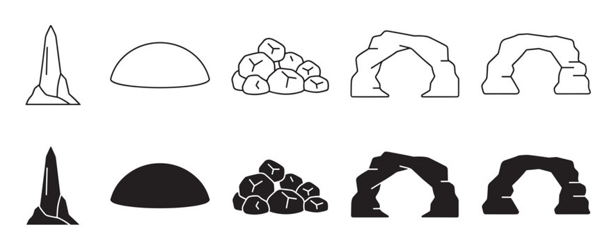 Set of black rock formation icons including a spire, dome, pile of stones, and natural arches in both outline and solid silhouette styles for graphic design