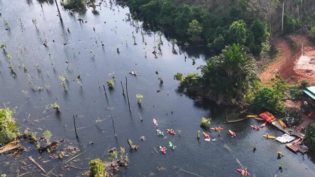 Aerial Drone View of Tourists Kayaking in Klong Root Krabi Thailand