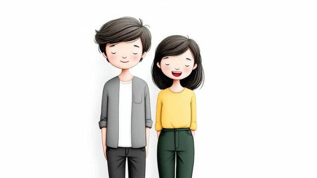 Cartoon characters of a young Asian couple standing side by side, displaying various expressions, with a simple white background enhancing their playful interaction and connection