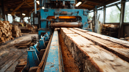 Fototapeta premium Sawmill debarking machine prepares unprocessed logs in a woodworking shop, showcasing a blend of technology and nature's raw beauty with warm studio lighting