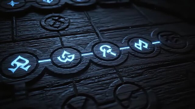 Medieval UI symbols on wooden surface, glowing UI elements