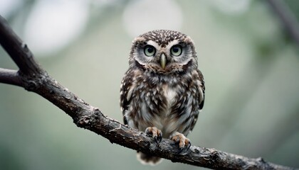 Fototapeta premium Cute little owl perched on a branch with soft natural light. Adorable wildlife scene perfect for nature, education, and animal-themed designs