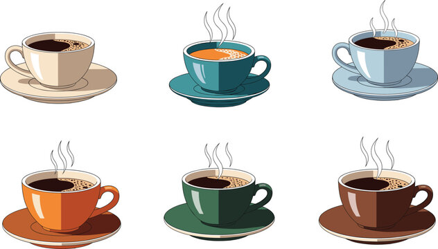 Hot coffee cups vector set illustration. Steaming espresso and brewed coffee in colorful cups. Clean flat design for caf&eacute; menus, branding, and beverage graphics.