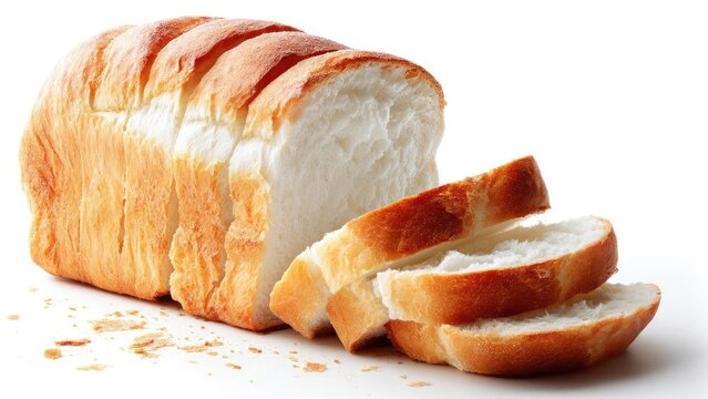 loaf of white bread with several thick slices fanned out on a white background Concept White bread loaf, Sliced bread fan, Minimalist bakery photography, Bright white food photography