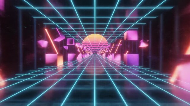 Retro 80s Grid Tunnel with Neon Sun and Cubes