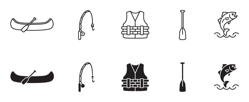 Black vector icons for canoeing and fishing activities showing a canoe, paddle, life jacket, rod, and jumping fish in line art and solid silhouette styles