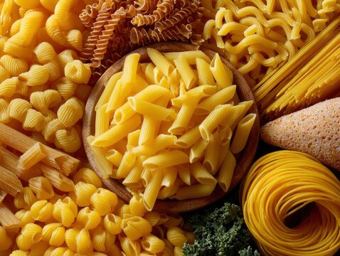Pasta assortment penne in bowl fusilli spaghetti gomiti capelli dangelo surrounded by other various types of pasta