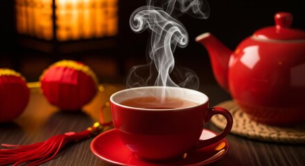 Fototapeta premium Red Tea Cup with Steaming Tea and Red Teapot Still Life