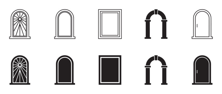 Collection of black door, window, and arch icons in outline and silhouette styles for architectural design, featuring various arched and rectangular shapes in a minimalist graphic set