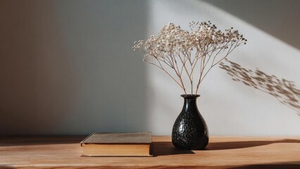 Obraz premium Black ceramic vase with dried baby's breath on a wooden table beside an old hardcover book, sunlight casting soft shadows on the wall. Concept Black ceramic vase, Dried baby's breath, Wooden table
