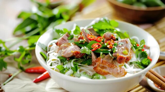 A close-up shot of a delicious meat dish with garnish, served on a woven placemat and sprinkled with herbs and spices.