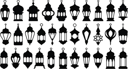 A large collection of various ornate Islamic hanging lanterns and traditional lighting fixtures are shown in silhouette.