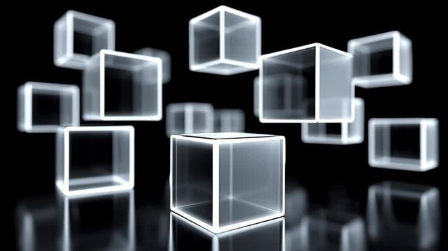 Transparent cubes with glowing edges float in a dark space, creating a dynamic visual effect as they shift positions and orientations, enhancing the sense of depth and movement in the scene