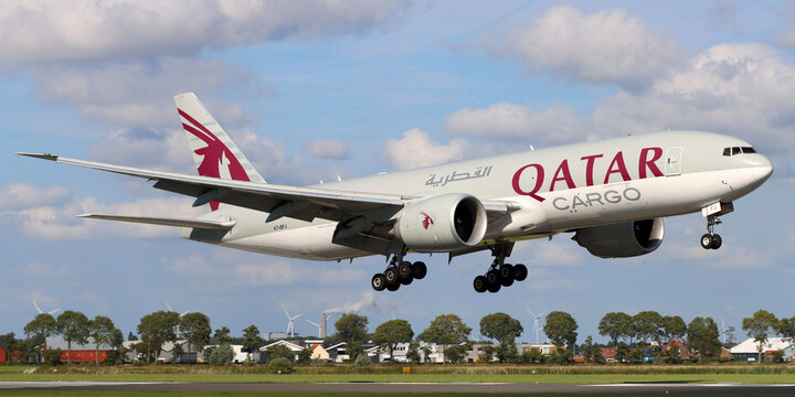 Amsterdam, Netherlands - February 03, 2026: Boeing 777 Qatar Airways Cargo lands at Amsterdam airport Schiphol