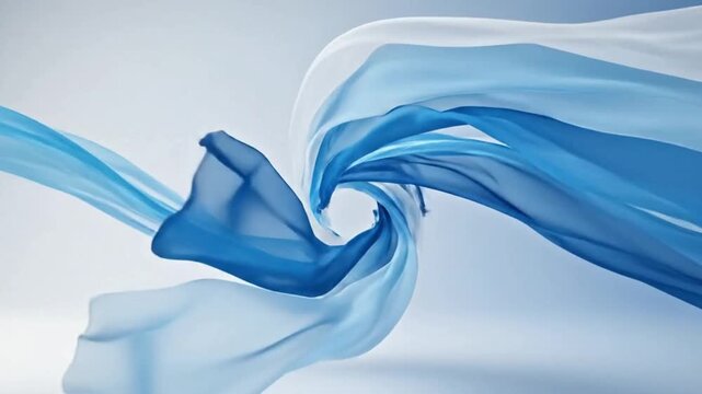 Minimalist white and blue flowing ribbons in clean abstract studio scene with cinematic motion