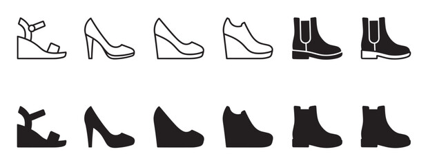 Set of black women's footwear icons featuring high heels, sandals, wedges, and boots presented as simple line art and solid glyph vector illustrations