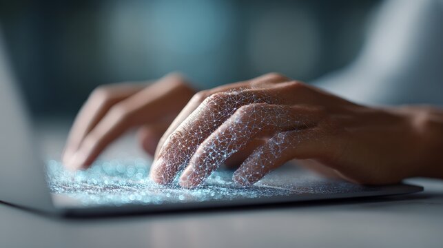 Human hands are actively typing on a laptop keyboard, showing glowing digital network connections overlaying the skin and keys, representing advanced technology, ai, and global data communication