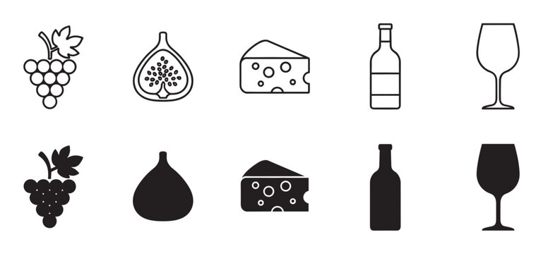 Set of black wine and food icons featuring grapes, figs, cheese, a bottle, and a glass in both outline and silhouette styles for graphic design