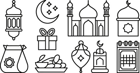 Outline icons representing Ramadan elements including a hanging lantern, gift box, crescent with stars, mosque building.