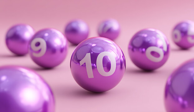 Purple lottery balls with white numbers displaying various digits on a soft pink background, close-animated movie view of shiny spherical objects used in gaming or drawing games