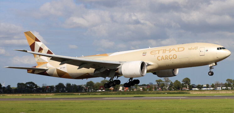 Amsterdam, Netherlands - February 03, 2026: Boeing 777 Etihad Cargo lands at Amsterdam airport Schiphol