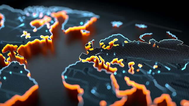 3D digital world map with glowing orange borders and blue dots, showcasing continents and countries in a dark background, emphasizing geographical details and spatial relationships